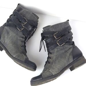 BAMBOO Women's Croft Black Gray Strappy Buckle Combat Boots